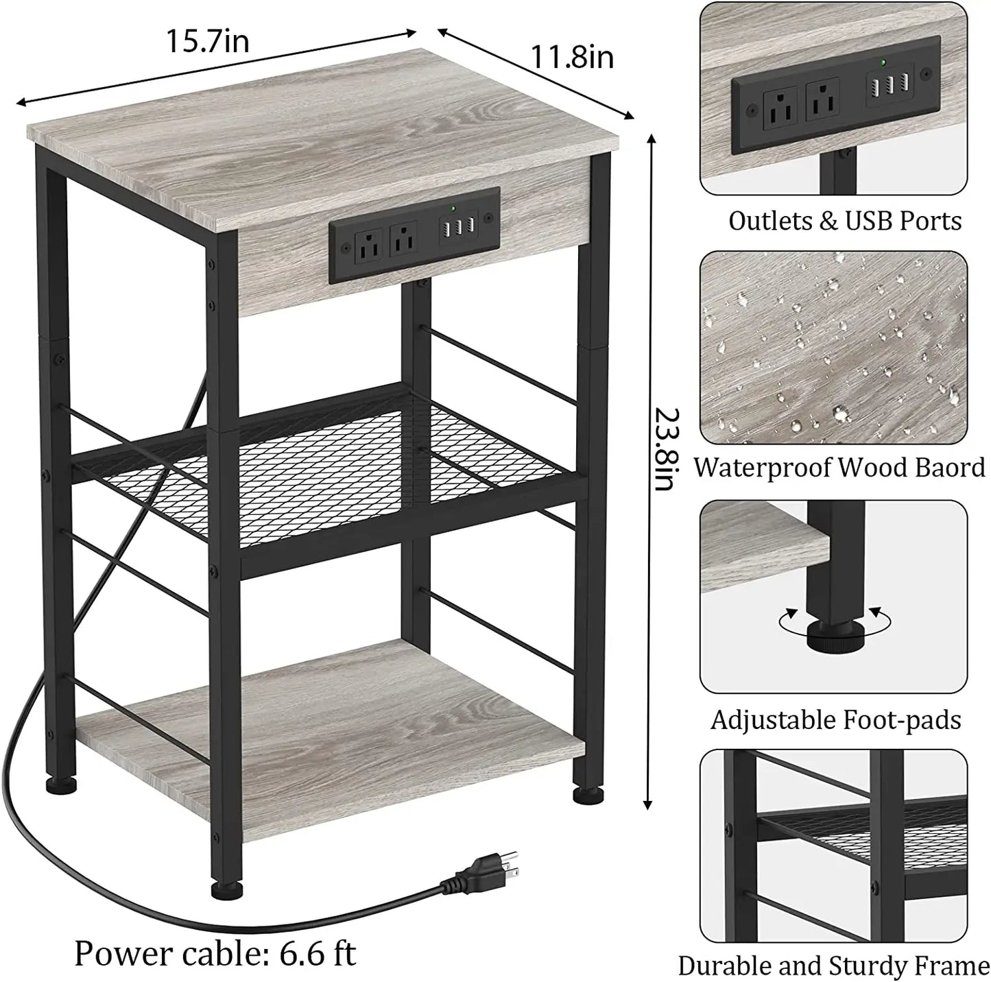 3-Tier Nightstands with Charging Station, End Side Table Bedside Table Furniture