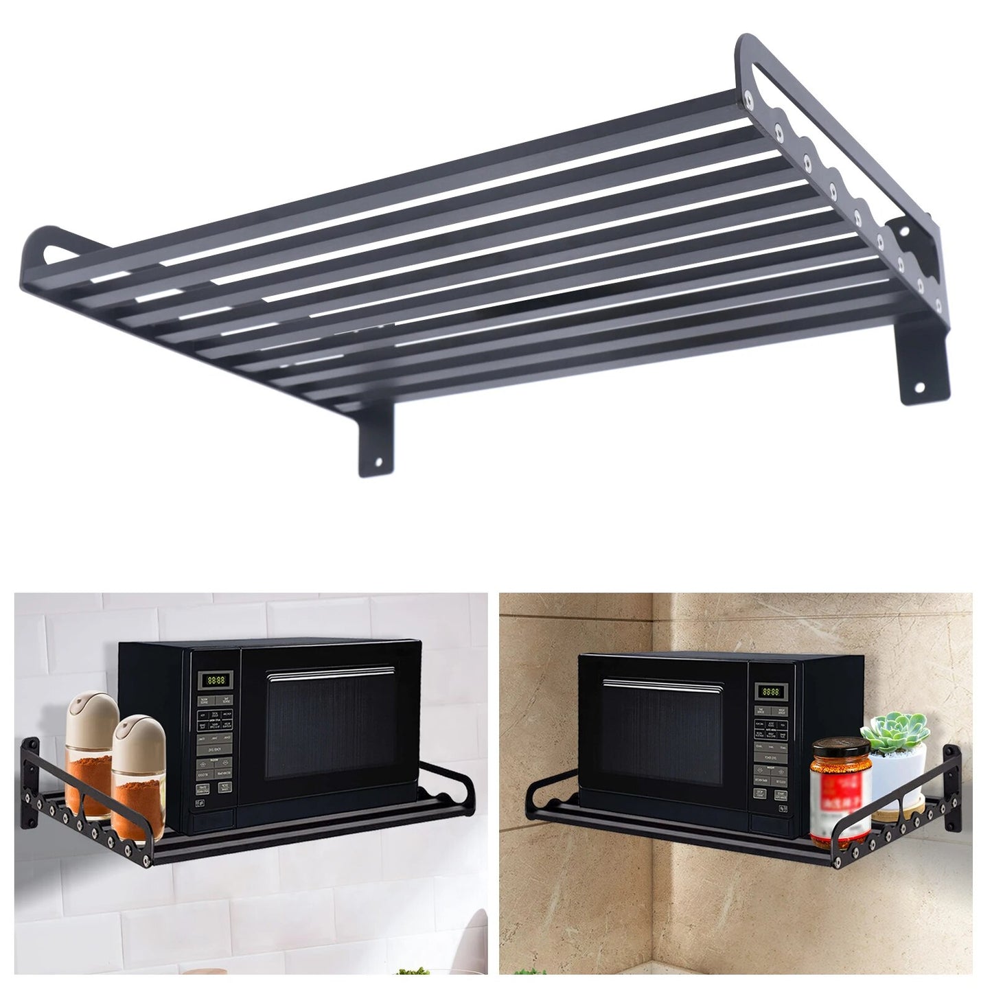 Kitchen Storage Rack Microwave Oven Bracket Wall Mounted Shelf Aluminum Black Length 50cm