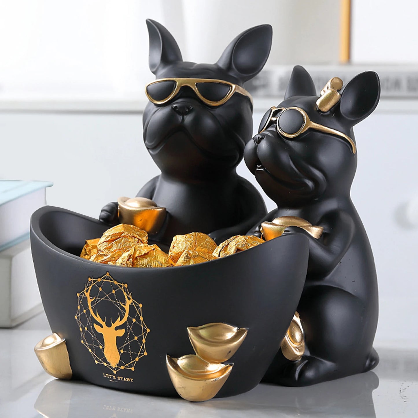 Resin Couple Dog Standing Puppy Storage Sculptures with Stainless Steel Disc Key Storage Ornament Simulated Safe for Living Room