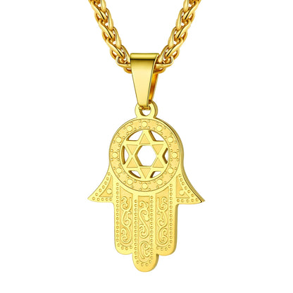 ChainsPro Fatima Hamsa Hand Pendant Gold Color Stainless Steel Jewelry Magen David Star Accessories Ethnic Turkey Necklace P291