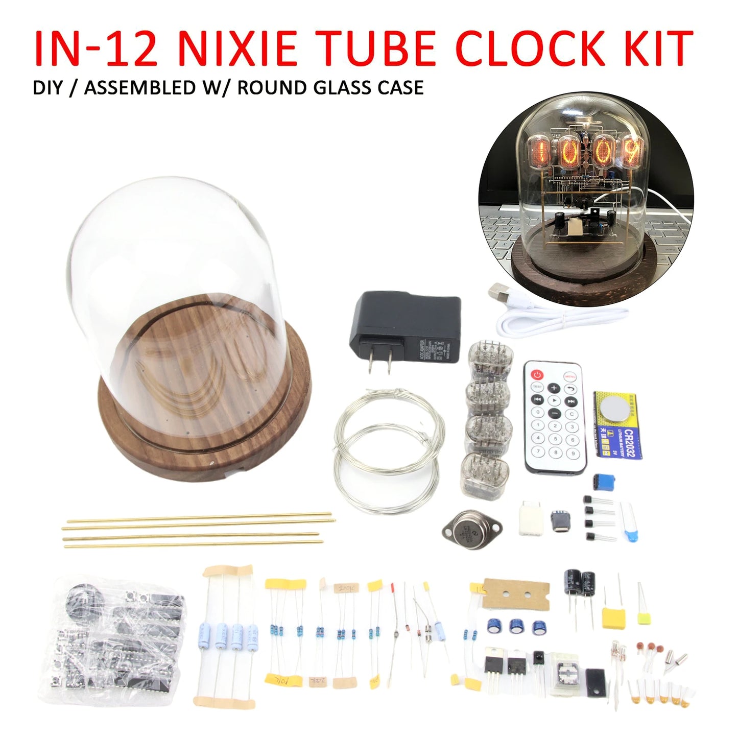 Original Classic Vintage IN-12 Nixie Tube Clock Kit DIY / Assembled W/ Round Glass Case Wood