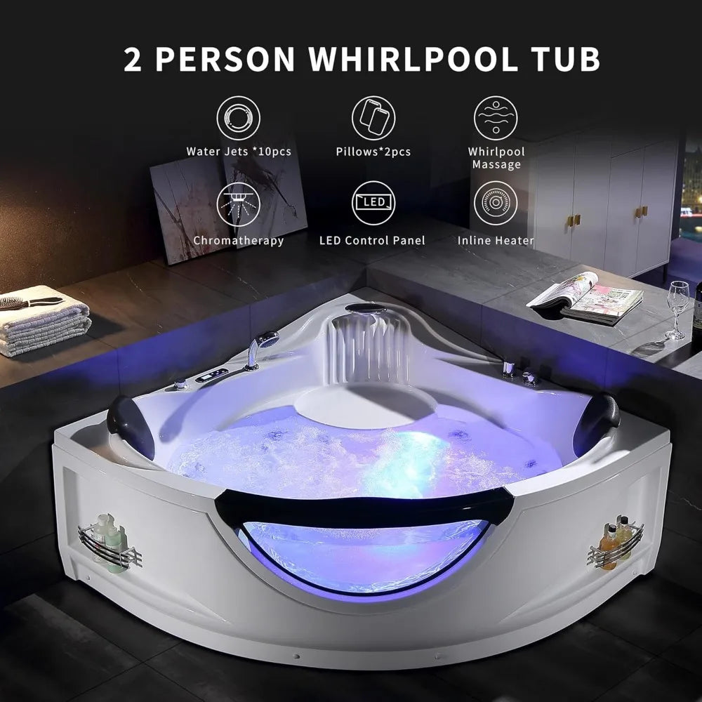 Corner Bathtub with Heater,2 Person 59" Jetted Tub with Light,Spa Hydromassage with Chromatherapy,Acrylic