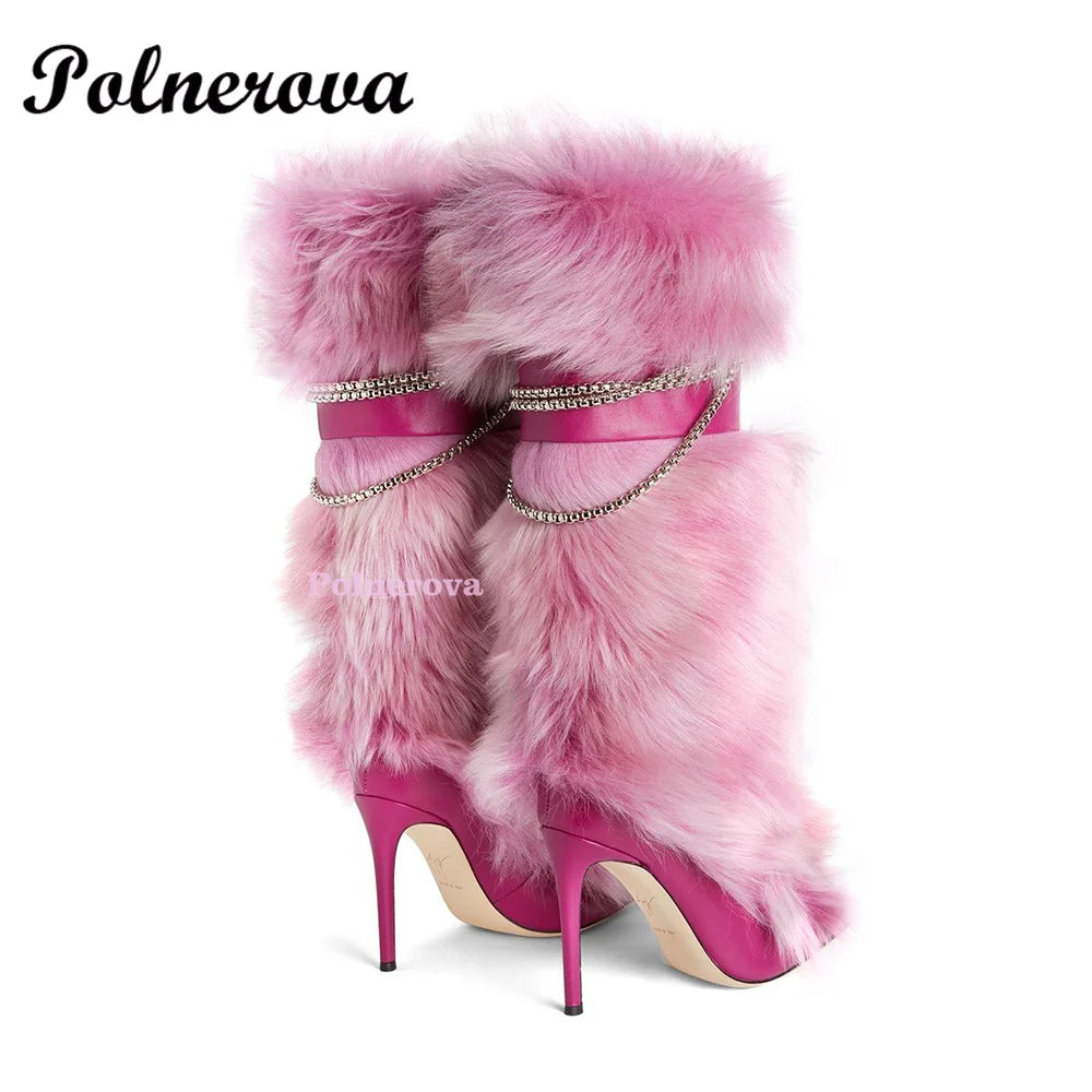 New Winter Fox Fur Chain High Boots for Women Black Pink High Heel Fur Boots Pointed Toe Stiletto