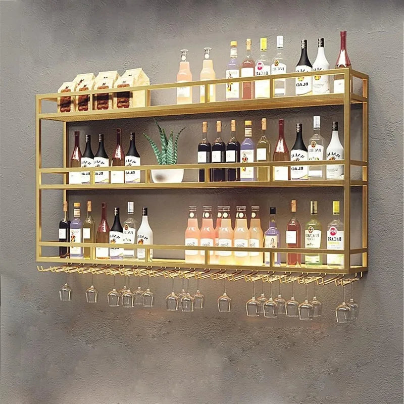 Large 47-inch wine rack with LED lights, wall-mounted bottle glass holder, 3-tier wine floating rack