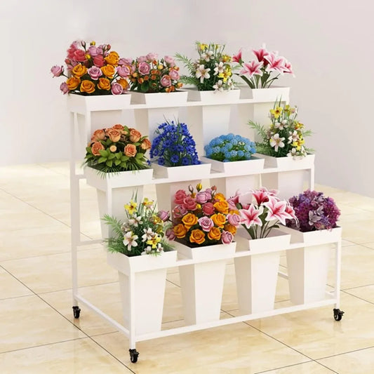Flower Display Stand with 12pcs Bucket,Heavy Duty Plant Stand with Wheels,33in Tall Flower Cart 3 Tier Flower Shelf for Florist