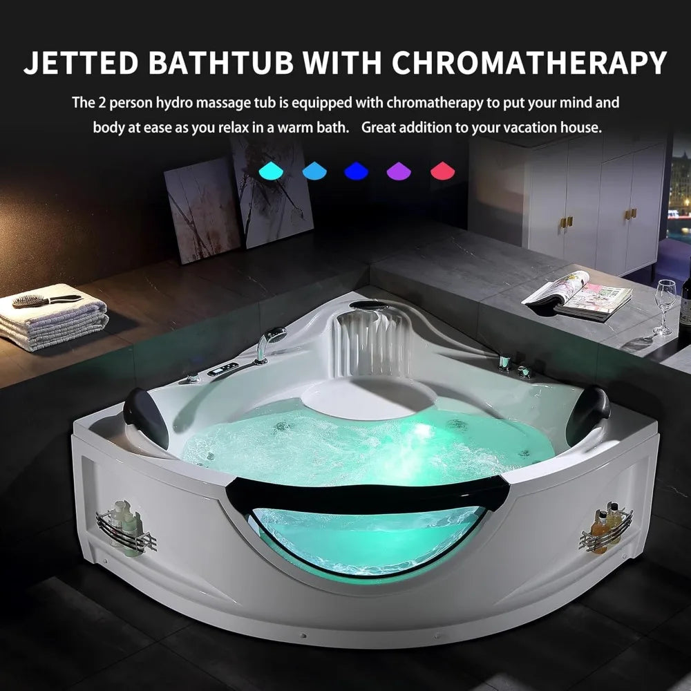 Corner Bathtub with Heater,2 Person 59" Jetted Tub with Light,Spa Hydromassage with Chromatherapy,Acrylic