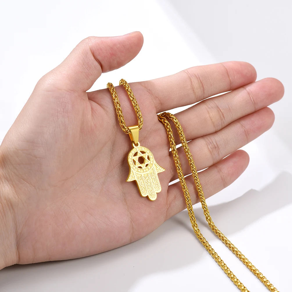 ChainsPro Fatima Hamsa Hand Pendant Gold Color Stainless Steel Jewelry Magen David Star Accessories Ethnic Turkey Necklace P291